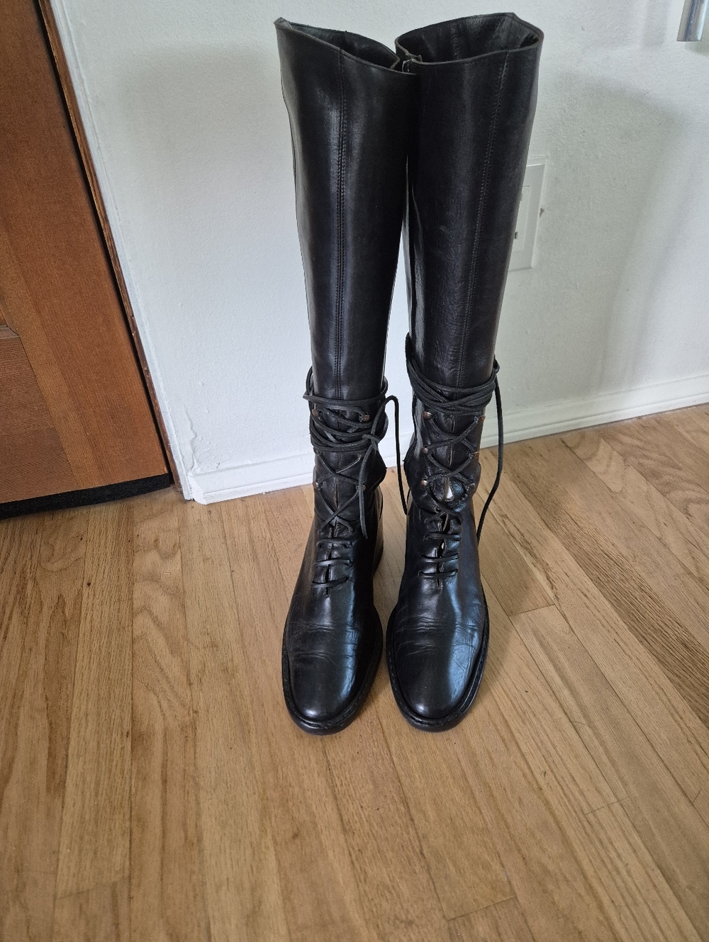 Black Leather Knee High Combat Boots/ Lace-Up Moto Style With 3" Stacked Heel